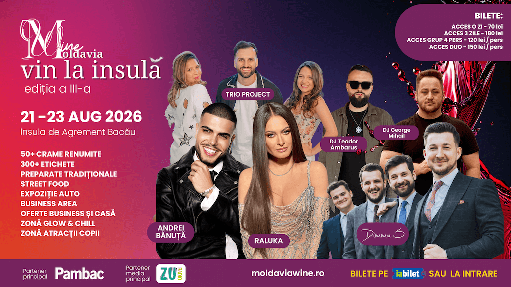 “Vin la Insulă”, 21-23 august 2026 – zeci de crame și concerte (Raluka & Project Balkanic, muzică grecească, DJ și tenori) pe Insula de Agrement Bacău